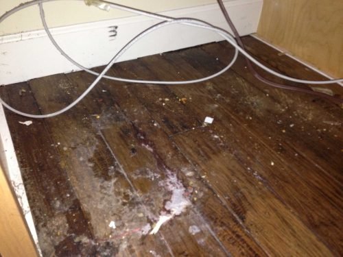 A cluttered area behind the refrigerator in a Charleston home, showing a dirty wooden floor with tangled wires scattered across it.