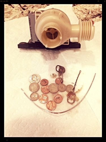 An image of a water pump and coins on a table in a Charleston home, representing issues with washer drainage.