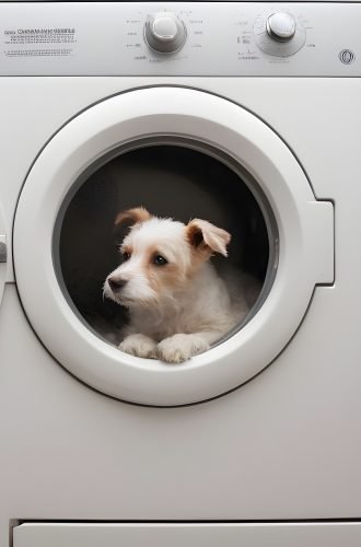 A dog positioned in front of a washing machine in a home in Summerville, showcasing the significance of dependable dryer repair services.