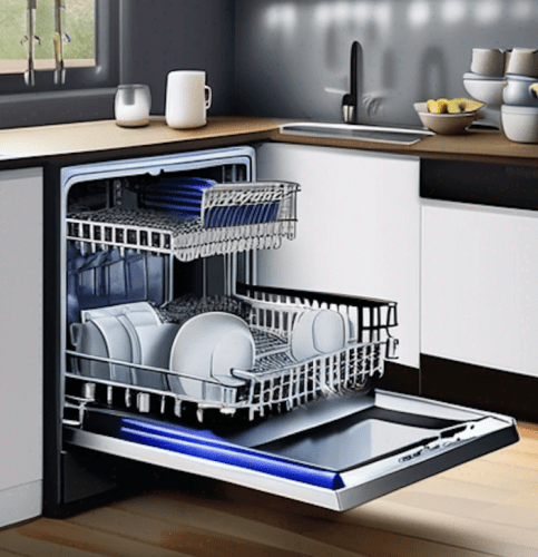 A loaded Electrolux dishwasher with dishes in a Charleston home, visibly leaking water from the bottom.