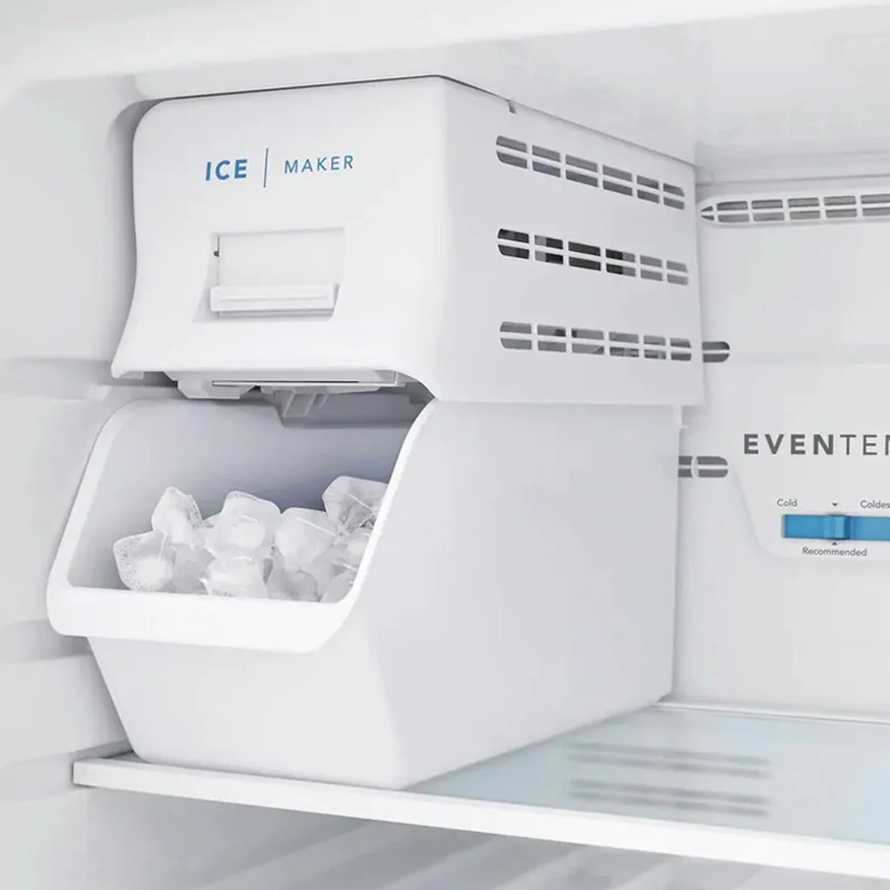 Interior view of an open refrigerator with an ice maker and ice bin, relevant for freezer repair in Charleston, Summerville.