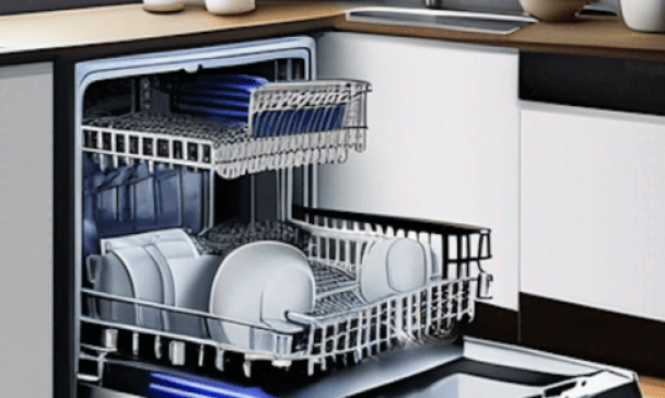 A loaded Electrolux dishwasher with dishes in a Charleston home, visibly leaking water from the bottom.