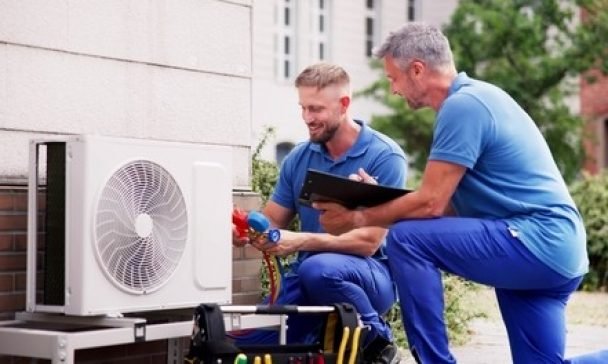 Two technicians in blue shirts performing maintenance on an air conditioning unit in a Charleston home, ensuring optimal HVAC system performance.